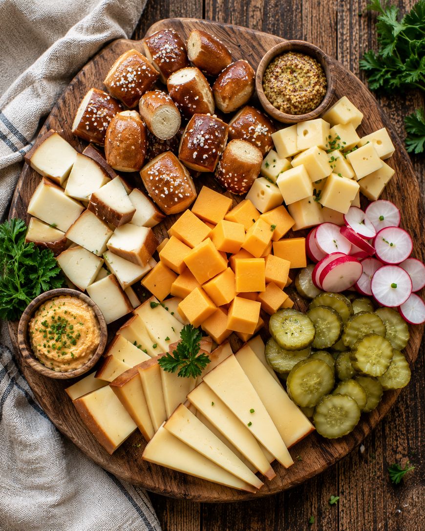A wooden platter with assorted cheeses, sliced pickles, radishes, pretzel bites, two dips, and garnished with parsley, all arranged neatly on a rustic table with a cloth napkin.