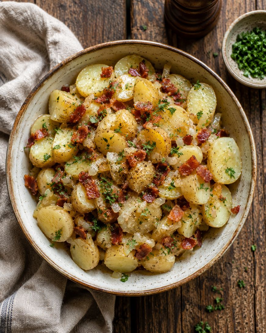 A bowl of sliced potatoes topped with crispy bacon bits, chopped parsley, and seasonings sits on a wooden table, with a cloth napkin and a small dish of more parsley nearby.