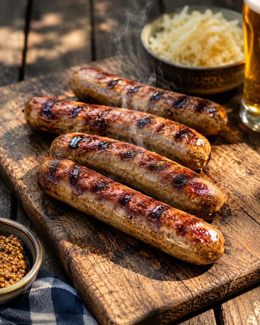 Four grilled sausages with char marks rest on a wooden board, accompanied by a bowl of sauerkraut, a glass of beer, and a small dish of mustard. Sunlight highlights the rustic outdoor setting.
