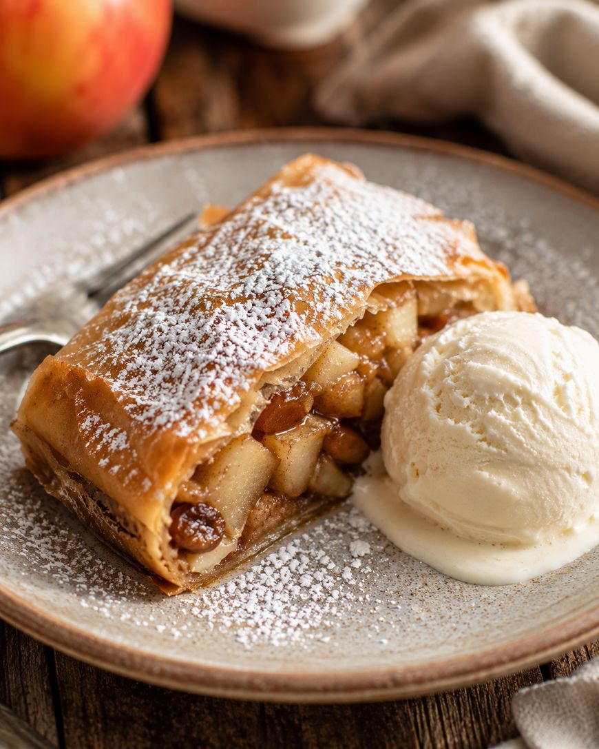 A slice of apple strudel filled with apples and raisins, dusted with powdered sugar, served with a scoop of vanilla ice cream on a beige plate.