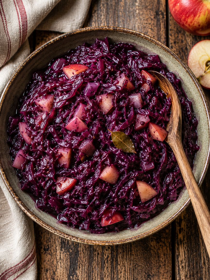 Bowl of braised red cabbage with apple chunks, garnished with a bay leaf, on a rustic wooden table with a wooden spoon and a sliced red apple nearby.