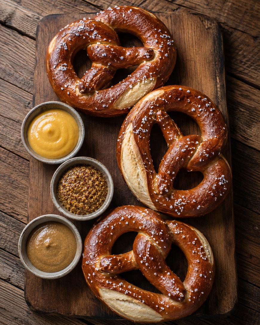 Three salted pretzels on a wooden board with three small bowls of mustard varieties for dipping, set on a rustic wooden table.