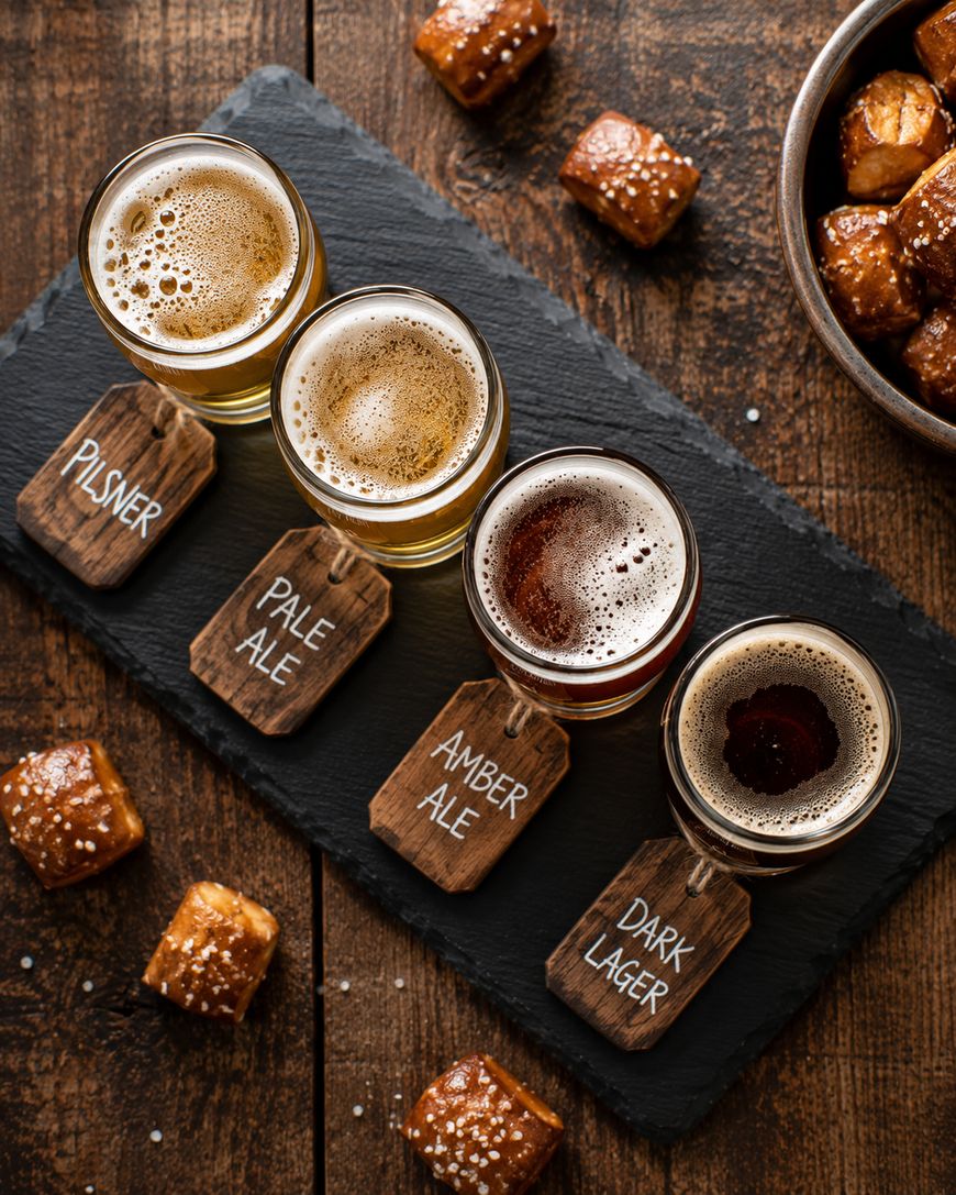 Four small beer glasses labeled Pilsner, Pale Ale, Amber Ale, and Dark Lager are arranged on a slate tray, surrounded by salted pretzel bites on a rustic wooden table.