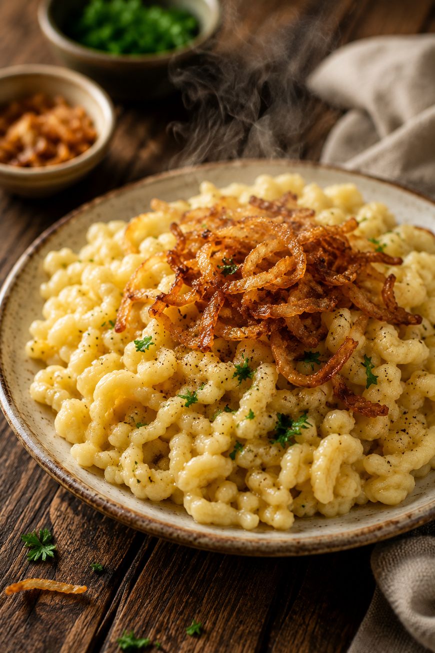 A plate of cheesy spaetzle noodles topped with crispy fried onions and garnished with fresh parsley, with small bowls of chives and fried onions in the background.