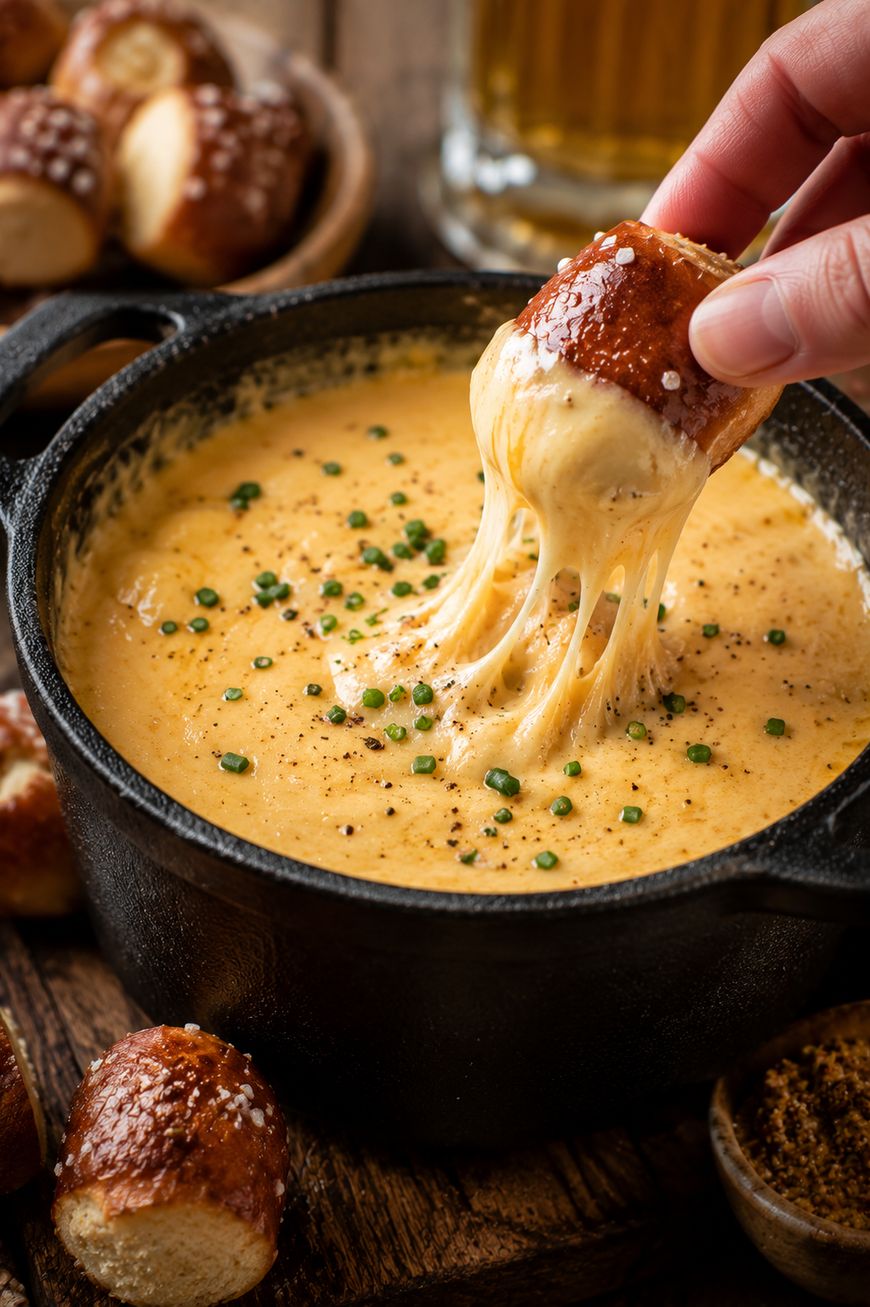 A hand dips a soft pretzel bite into a pot of melted cheese, with gooey cheese stretching between the dip and the pot. Chopped chives and pepper are sprinkled on top. Other pretzel bites are nearby.