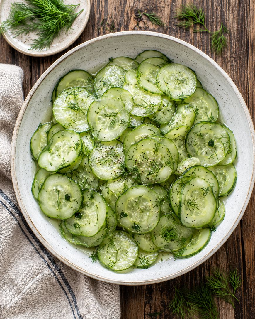 A bowl of thinly sliced cucumber salad garnished with fresh dill, placed on a wooden table with a beige napkin and a small plate of dill nearby.