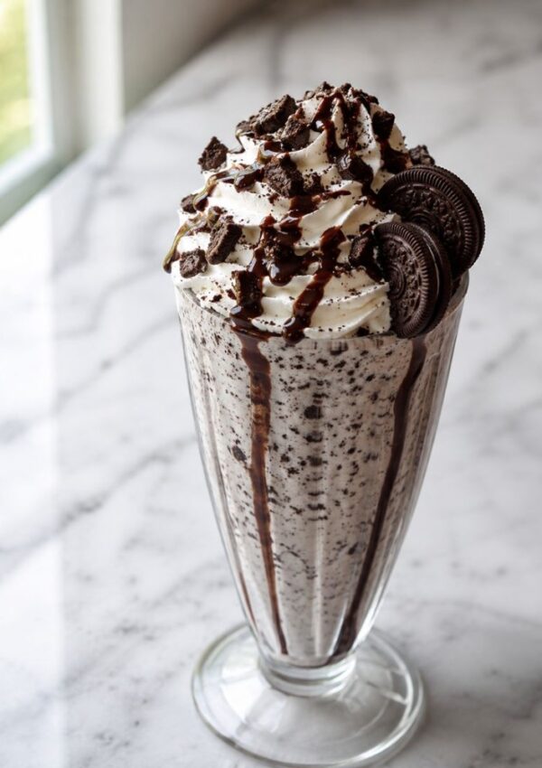 A tall glass of cookies and cream milkshake, inspired by a classic Oreo milkshake recipe, is topped with whipped cream, chocolate syrup, crushed cookies, and two whole chocolate sandwich cookies, all served on a marble countertop.