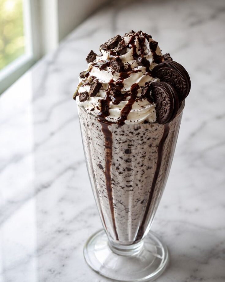 A tall glass of cookies and cream milkshake, inspired by a classic Oreo milkshake recipe, is topped with whipped cream, chocolate syrup, crushed cookies, and two whole chocolate sandwich cookies, all served on a marble countertop.