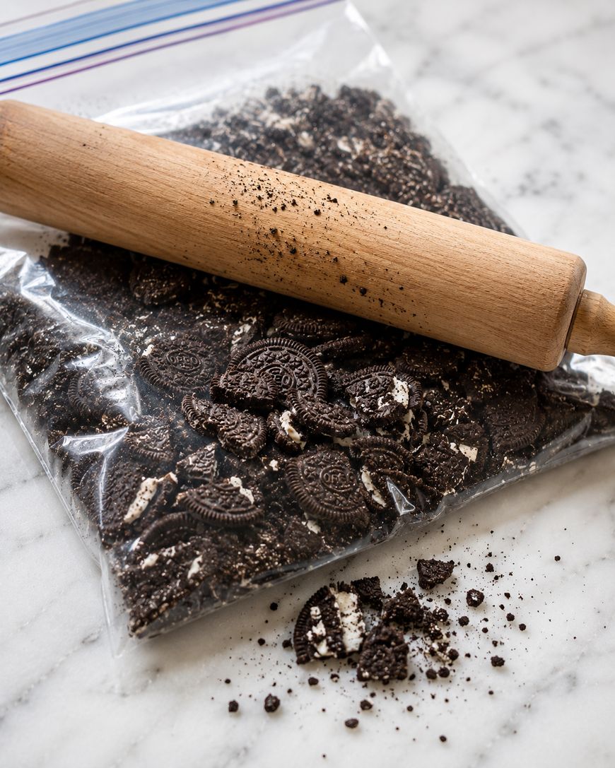 A rolling pin crushes chocolate sandwich cookies inside a plastic bag on a marble surface, with some cookie crumbs spilled outside the bag.