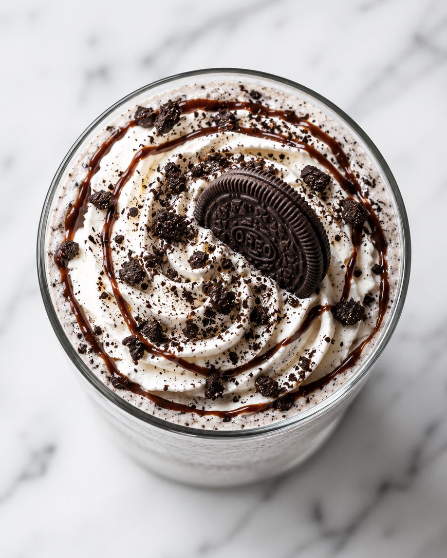 A glass filled with a creamy milkshake topped with whipped cream, chocolate syrup, cookie crumbles, and a whole chocolate sandwich cookie, set on a white marble surface.