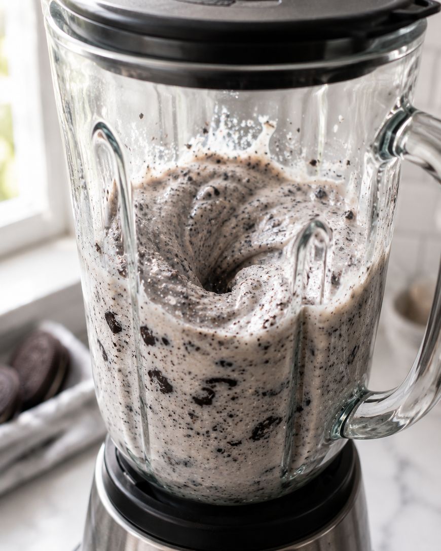 A glass blender filled with a cookies and cream milkshake being mixed, showing swirling motion and cookie pieces. A plate of cookies is visible in the background on a countertop near a window.