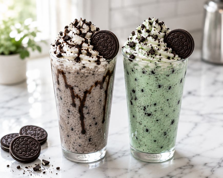 Two tall glasses of cookies and cream and mint Oreo milkshakes topped with whipped cream, crushed Oreos, and a whole Oreo cookie, on a marble counter. Extra Oreos are scattered beside the shakes.