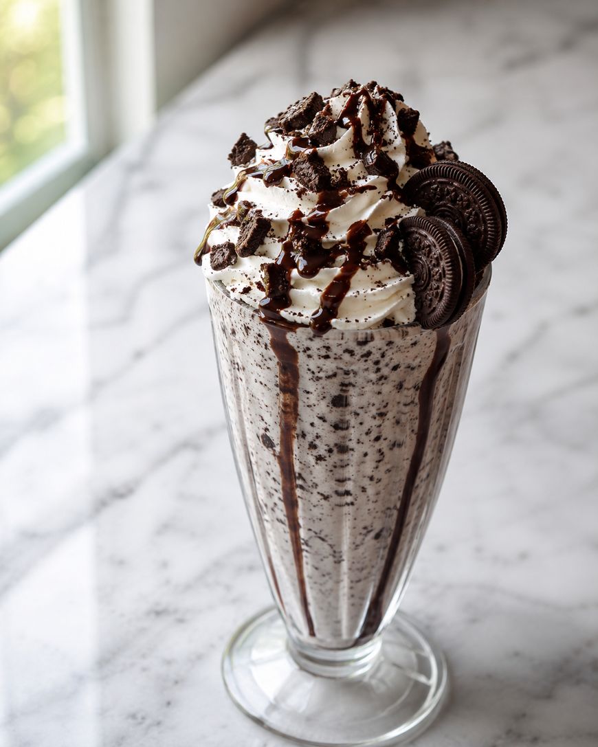 A tall glass of cookies and cream milkshake topped with whipped cream, chocolate syrup, crushed cookies, and two whole chocolate sandwich cookies, on a marble counter.