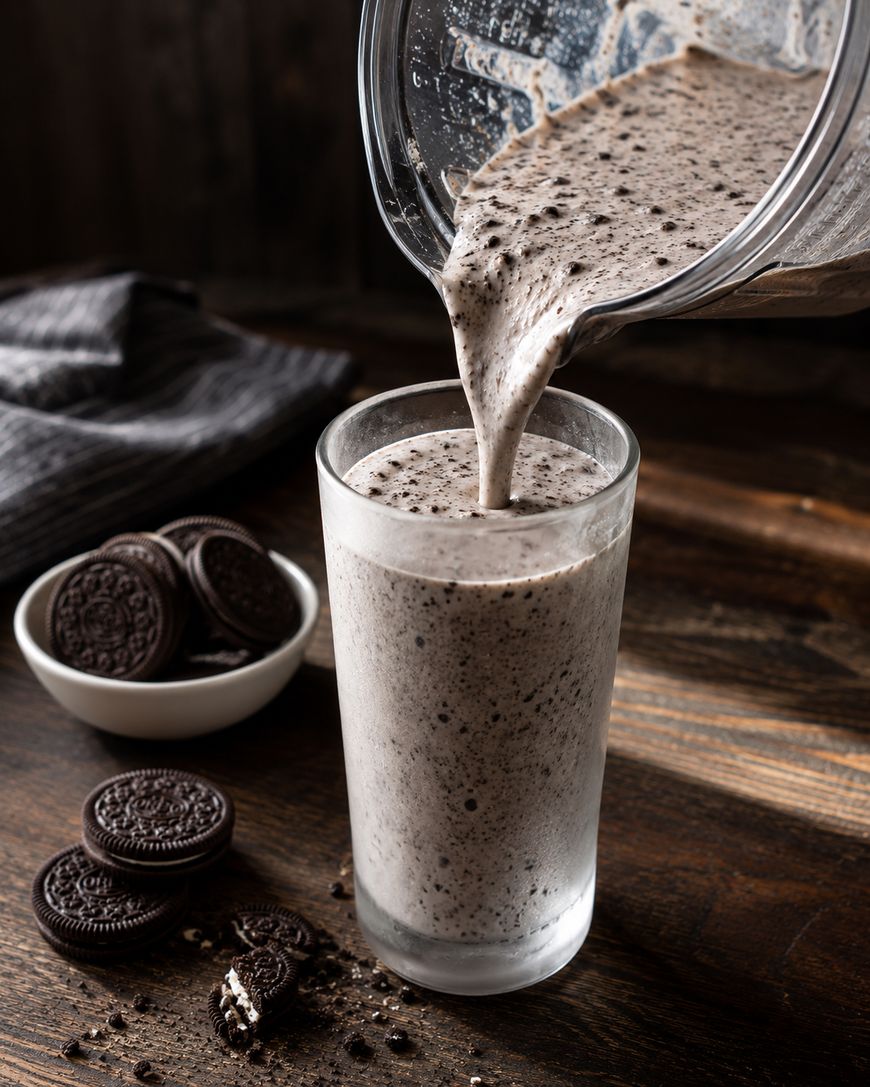 A cookies and cream milkshake is being poured from a blender into a glass on a wooden table, with chocolate sandwich cookies scattered beside a small bowl.