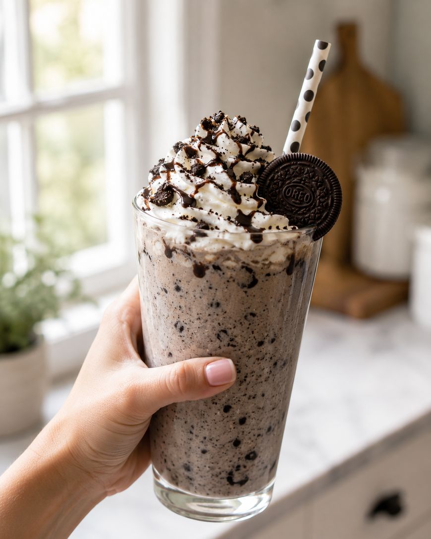 A hand holds a glass of Oreo milkshake topped with whipped cream, chocolate drizzle, cookie crumbles, and a whole Oreo cookie, with a polka dot straw, in a bright kitchen setting.