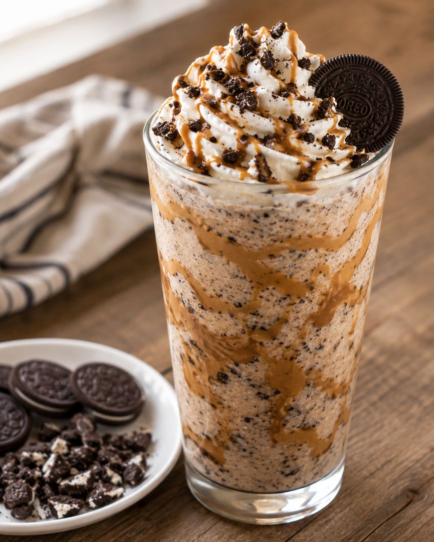 A glass filled with a blended cookies and cream milkshake, topped with whipped cream, chocolate drizzle, cookie crumbs, and a whole chocolate sandwich cookie. A plate with cookies and crumbs is nearby on a wooden table.