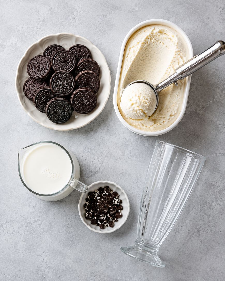 A glass, a bowl of chocolate sandwich cookies, a container of vanilla ice cream with a scoop, a small bowl of crushed cookies, and a glass measuring cup of milk on a gray surface.
