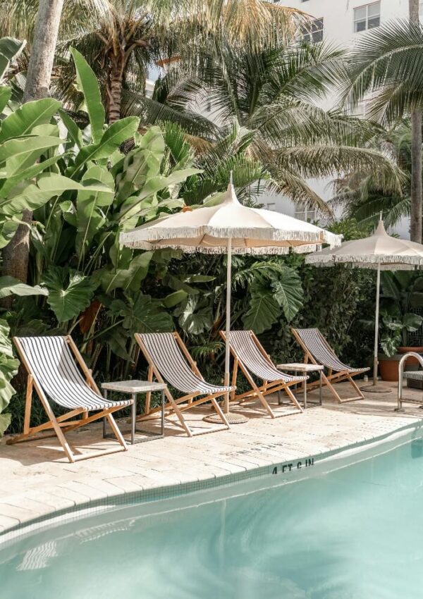 Four striped lounge chairs and two white umbrellas sit beside a clear pool, surrounded by lush green palm trees and plants, creating a relaxing tropical atmosphere.