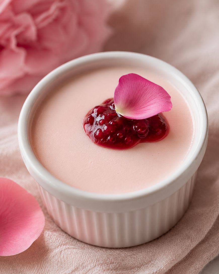 A small white ramekin filled with smooth pink mousse, topped with raspberry sauce and a pink rose petal, sits on a light pink cloth with rose petals nearby.