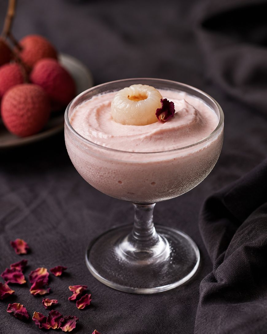 A glass dessert dish filled with pink mousse, garnished with a whole lychee and a small rose petal. Fresh lychees and scattered rose petals are visible in the background on a dark cloth.