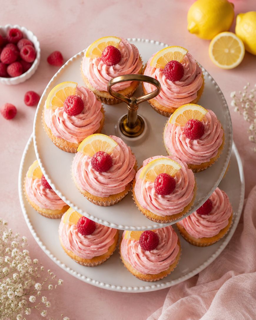 Two-tiered white dessert stand with cupcakes topped with pink frosting, fresh raspberry, and lemon slice. Surrounding the stand are loose raspberries, lemons, and small white flowers on a pink surface.
