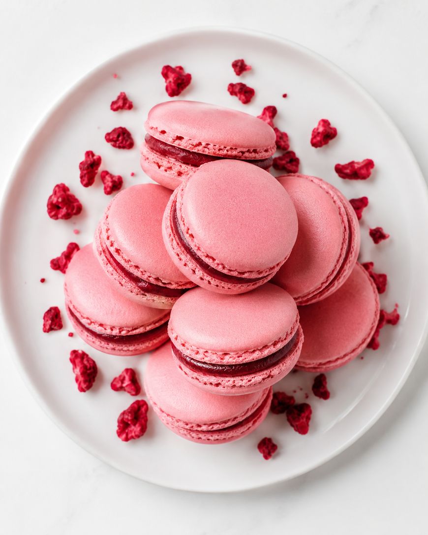 A white plate filled with pink macarons, surrounded by small pieces of dried raspberries on a white surface.