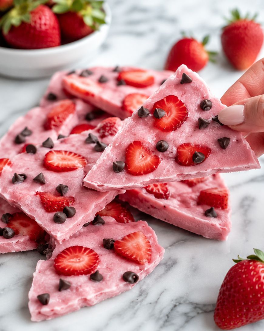 Hand holding a triangular piece of pink frozen yogurt bark topped with sliced strawberries and chocolate chips, with more pieces and whole strawberries in the background.