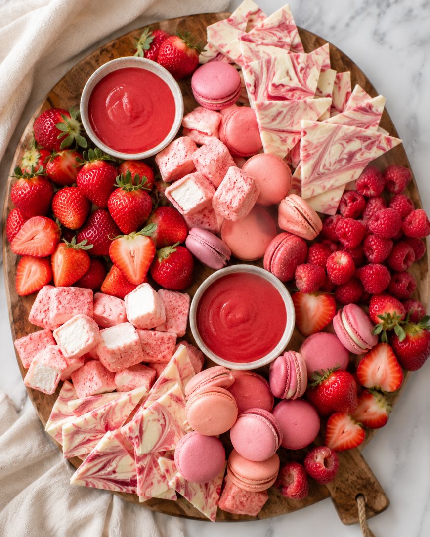 A round wooden board topped with strawberries, raspberries, pink macarons, pink marshmallows, marbled white and pink chocolate, and two bowls of pink dipping sauce.