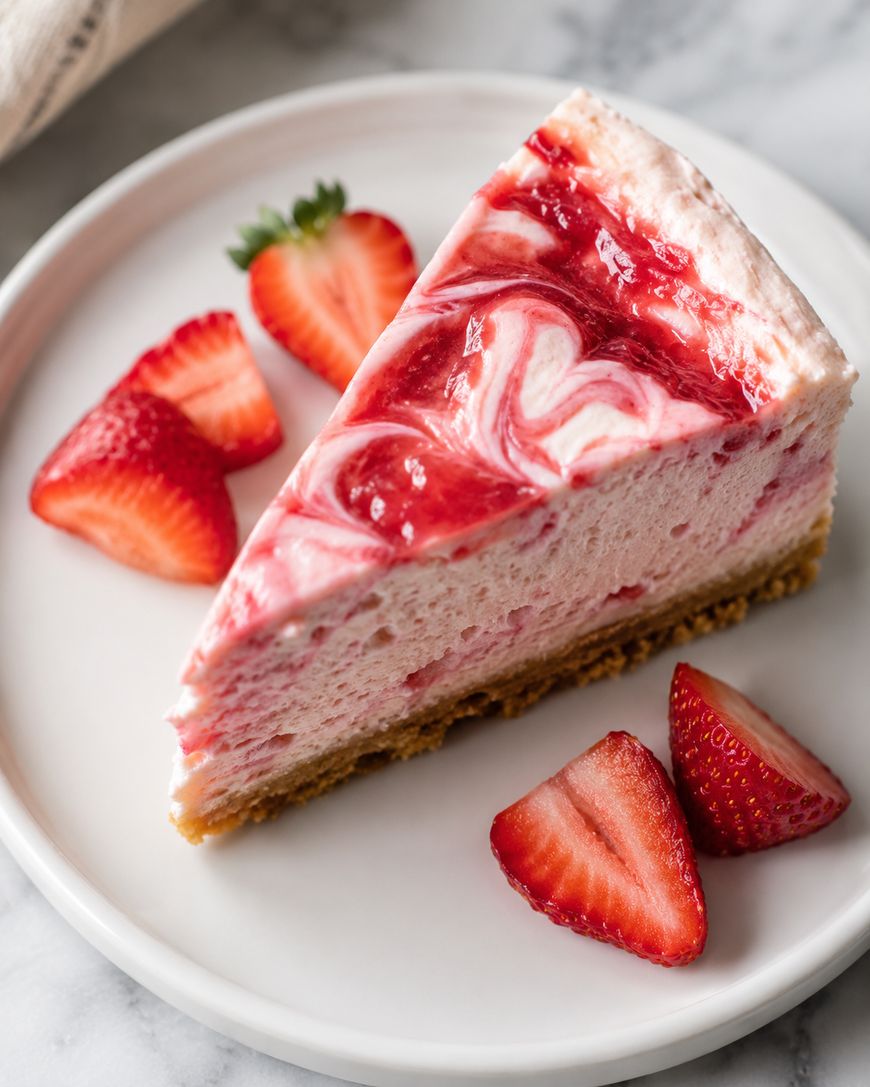 A slice of strawberry swirl cheesecake on a white plate, garnished with fresh strawberry halves, set on a marble surface.