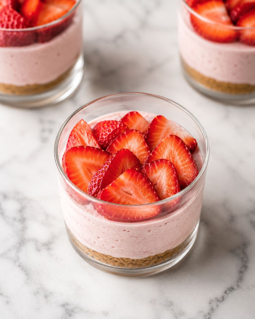 Three glass cups filled with a layered strawberry dessert, topped with sliced fresh strawberries, sit on a white marble surface.
