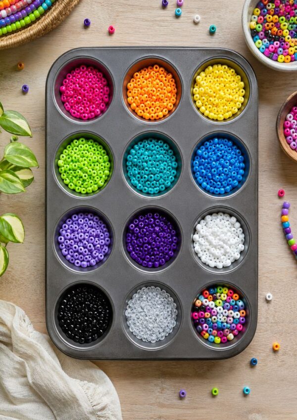 A muffin tin holds colorful beads sorted by color, surrounded by bowls and containers of more beads, a green plant, a white cloth, and a beaded bracelet on a light wooden surface.