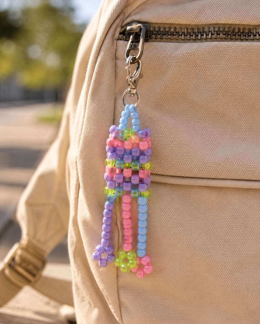 A close-up of a beige backpack with a keychain made of colorful plastic beads in blue, pink, green, and purple hanging from the zipper.