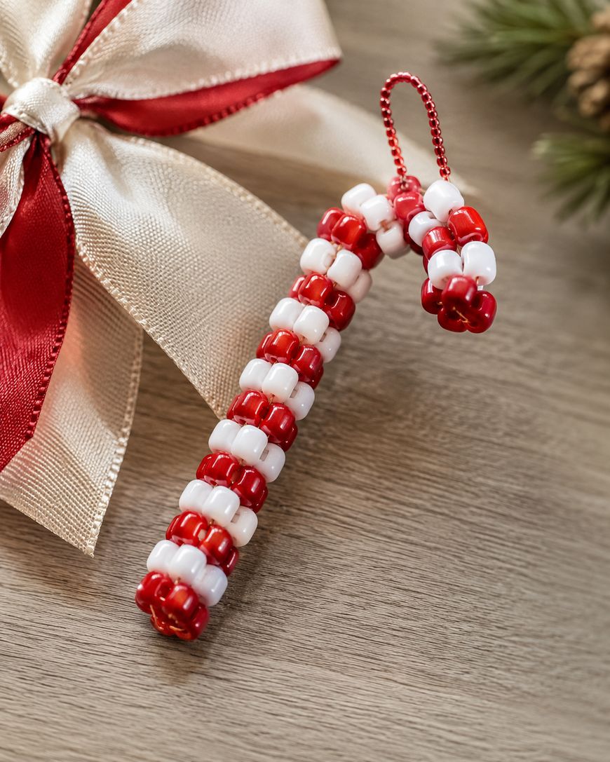 A candy cane ornament made from red and white beads is on a wooden surface next to a gold and red ribbon bow and some pine branches.
