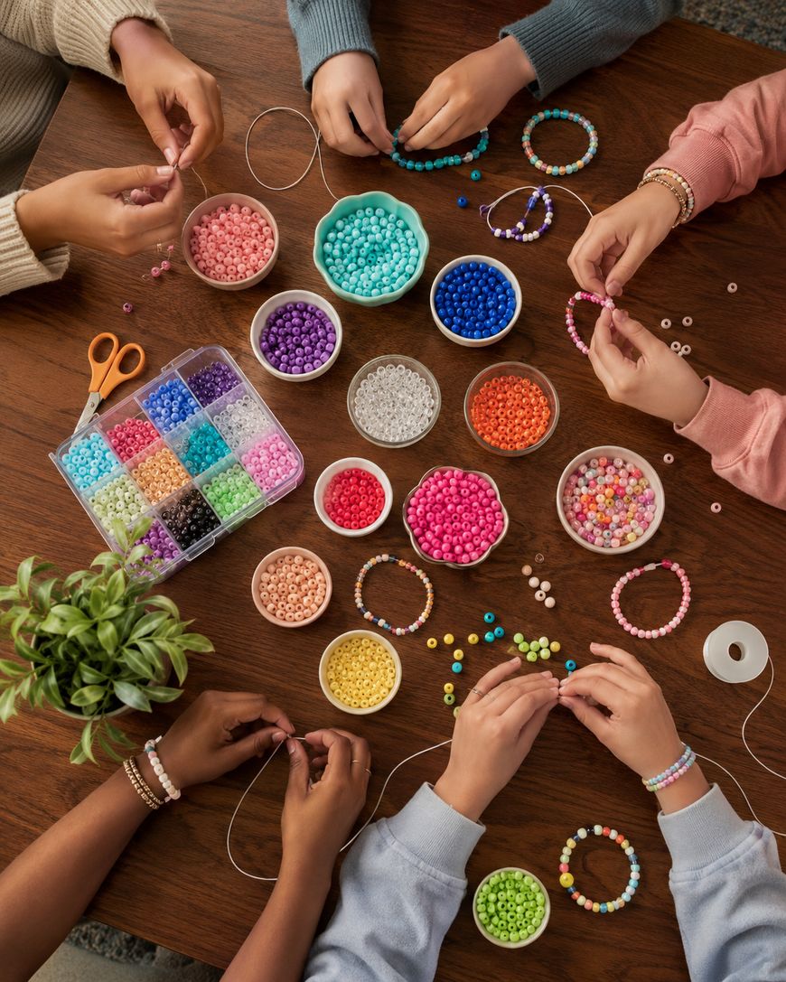 Six people make beaded bracelets at a wooden table covered with colorful beads, string, bowls, scissors, and a plant. Their hands work together, threading beads and arranging jewelry in a creative group activity.