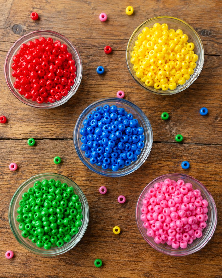 Five small glass bowls filled with beads in red, yellow, blue, green, and pink sit on a wooden surface, with a few loose beads scattered around them.