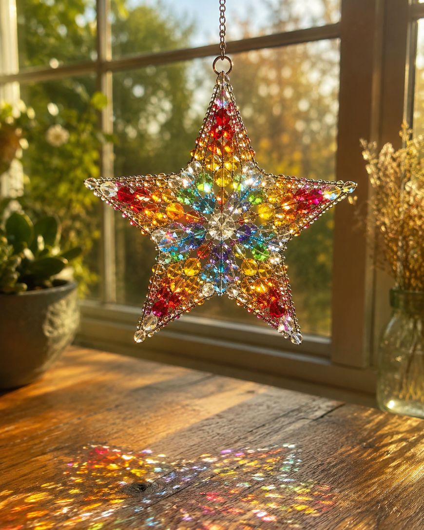 A colorful, beaded star suncatcher hangs by a window, casting vibrant, rainbow reflections on a wooden surface. Sunlight streams through the window, illuminating plants and creating a warm, inviting scene.