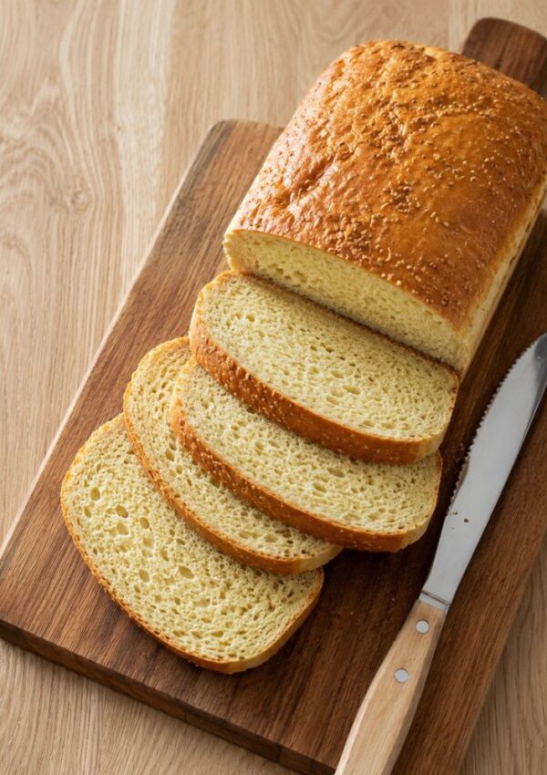 A loaf of sliced bread, made using a wholesome protein bread recipe, sits on a wooden cutting board next to a serrated knife, all on a light wood surface.