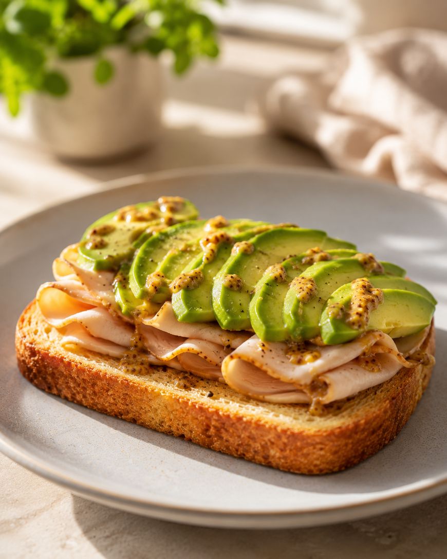 Open-faced sandwich with sliced turkey and avocado on toasted bread, topped with grainy mustard, served on a white plate. A blurred potted plant and napkin are in the background.