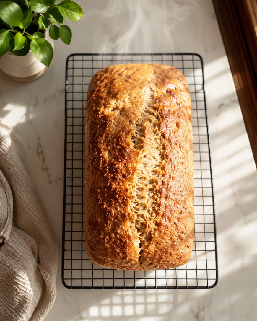 A golden-brown loaf of bread cools on a wire rack, steam rising from the top. Sunlight streams in from the side, casting shadows on a marble countertop next to a plant and a textured towel.