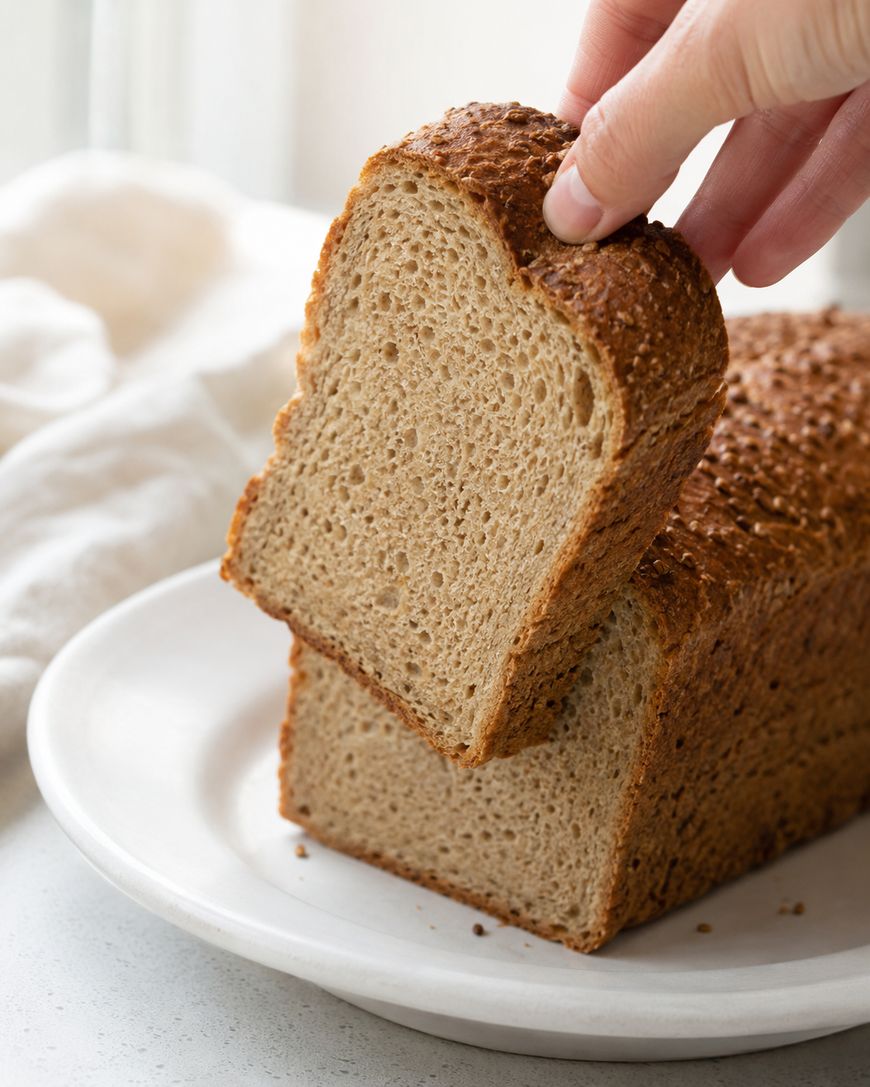 A hand lifts a slice of whole grain bread from a loaf sitting on a white plate. The bread has a golden-brown crust and a soft, airy interior. A white cloth is visible in the background.