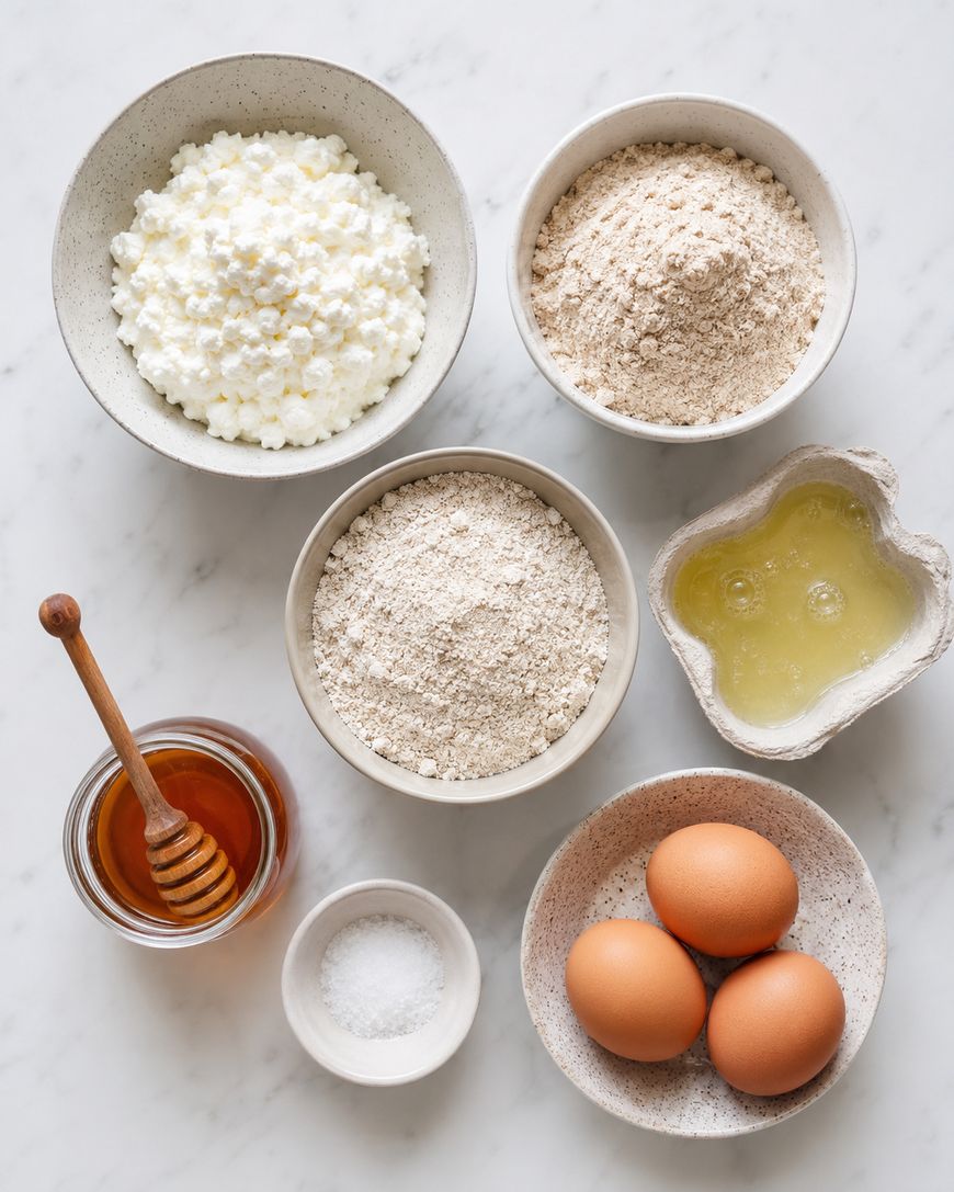 Seven ingredients on a marble surface: cottage cheese, flour, oats, egg whites, three whole eggs, honey in a jar with a dipper, and a small bowl of salt. Bowls and eggs are arranged neatly for baking preparation.