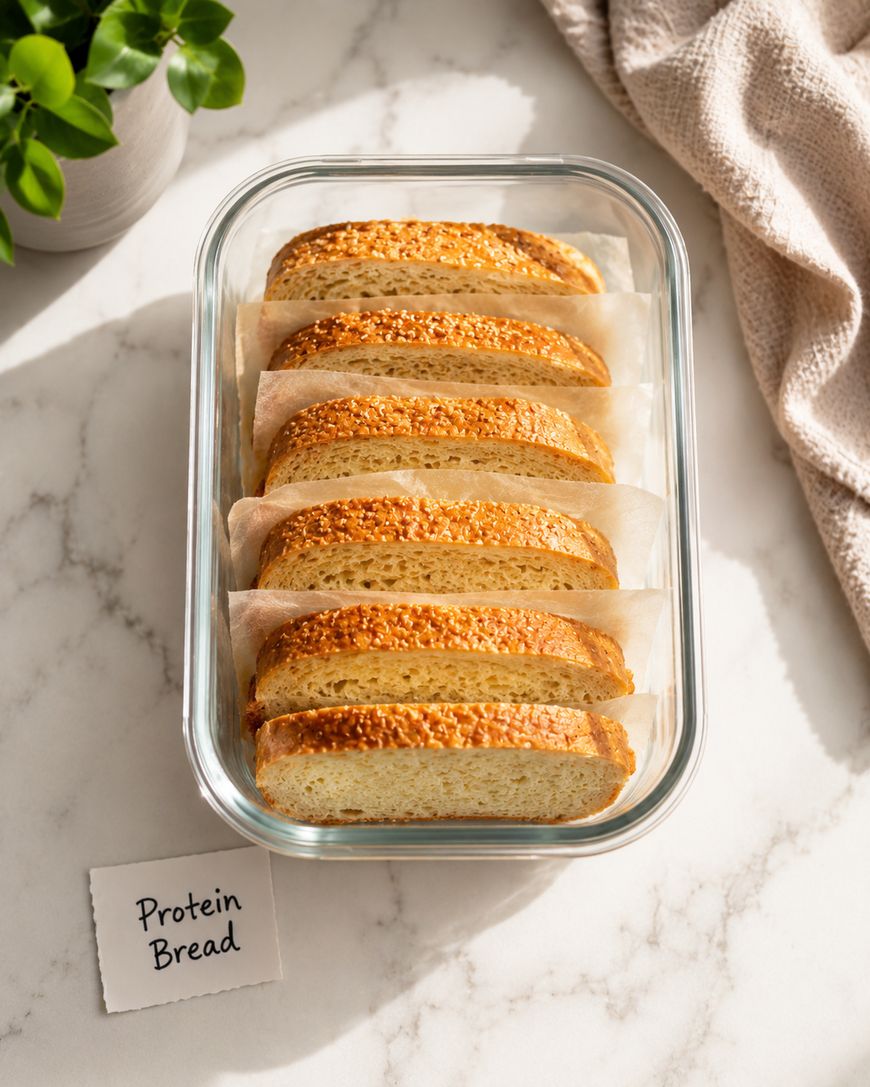 Six slices of protein bread are arranged in a glass container, separated by parchment paper. The container sits on a marble surface next to a cloth and a small plant, with a label reading “Protein Bread.”.