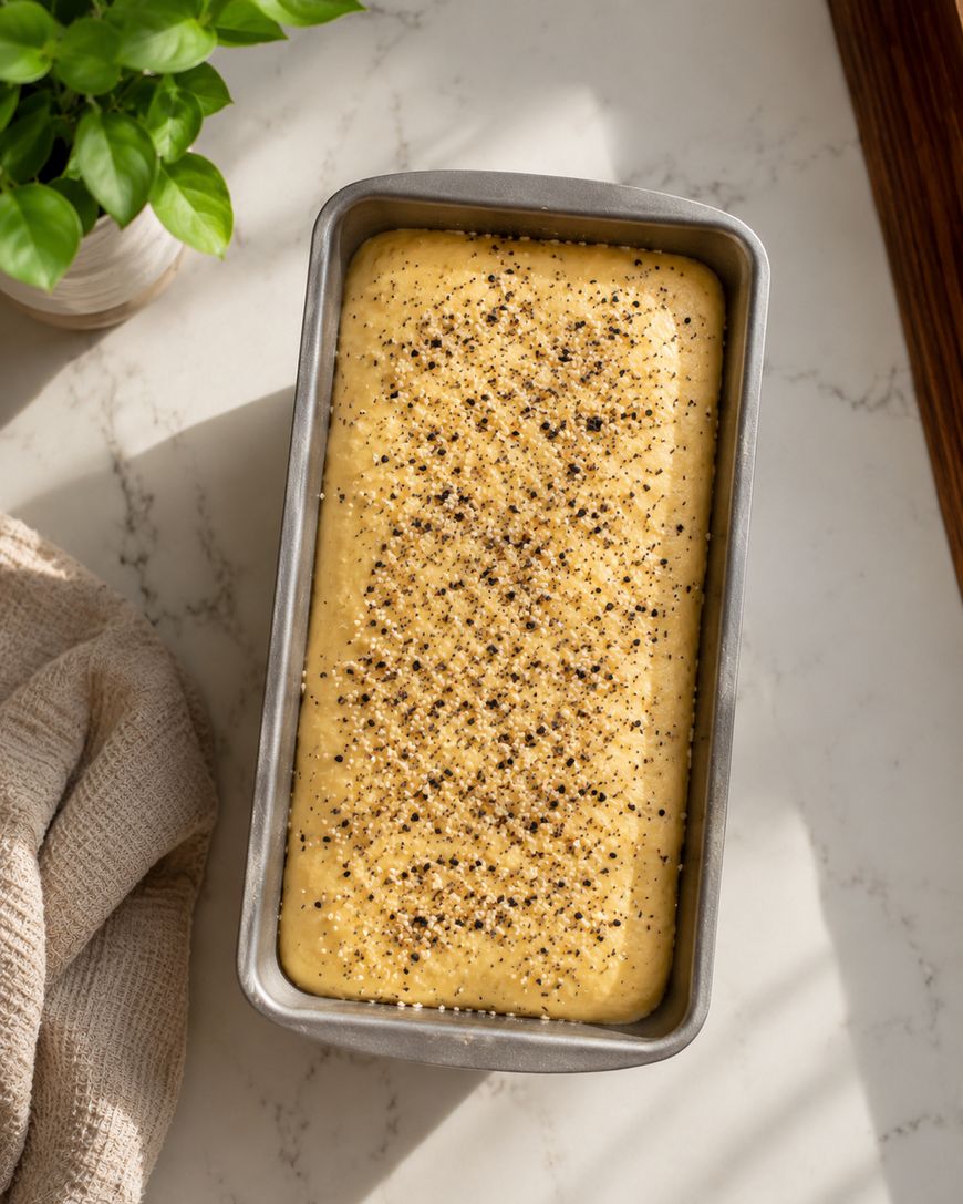 A metal loaf pan filled with unbaked bread dough sprinkled with cracked black pepper, sitting on a marble countertop beside a green potted plant and a beige textured cloth.