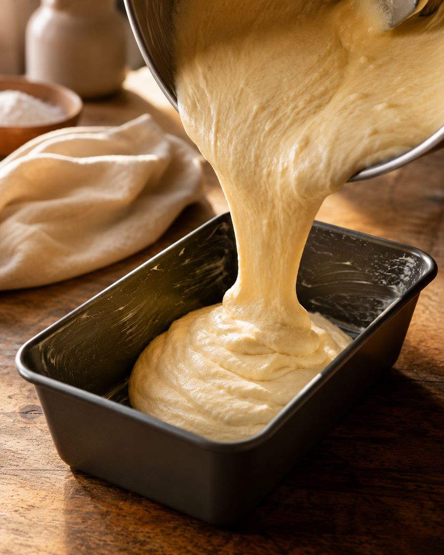 Cake batter being poured from a mixing bowl into a rectangular metal baking tin on a wooden table, with a cloth and bowl in the background.