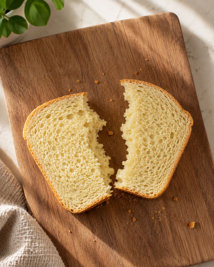 Two slices of white bread, torn in half, sit on a wooden cutting board. Crumbs are scattered around, and sunlight casts soft shadows across the board. A bit of a green plant and a textured cloth are visible nearby.