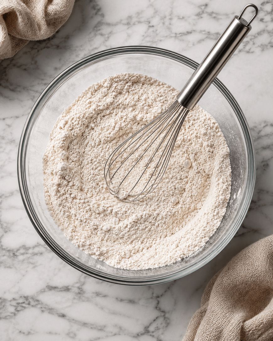 A glass bowl filled with flour mixture and a metal whisk on a marble surface, with beige cloths nearby.