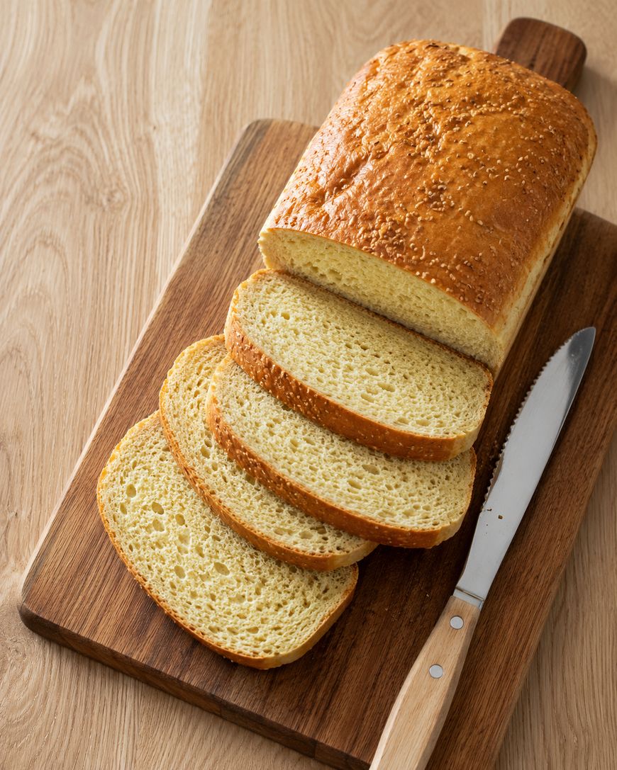 A loaf of sliced bread sits on a wooden cutting board with a serrated knife beside it. The bread has a golden crust and airy texture.