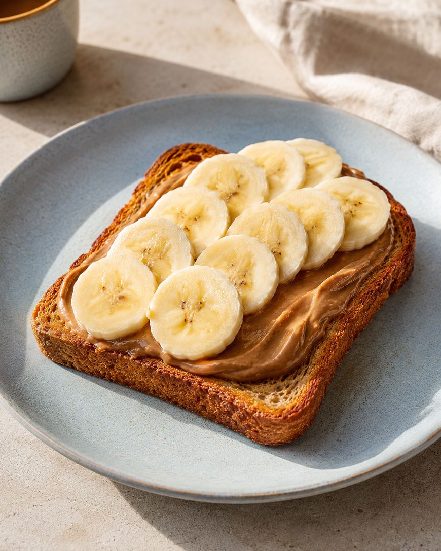 A slice of whole grain toast topped with creamy peanut butter and evenly layered banana slices sits on a light blue plate.