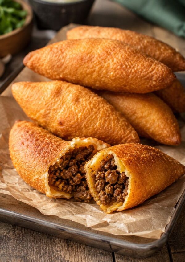 A tray with golden, crispy meat-filled pastries; one is cut open, showing seasoned ground beef inside. The pastries rest on parchment paper, and a bowl of greens is blurred in the background.