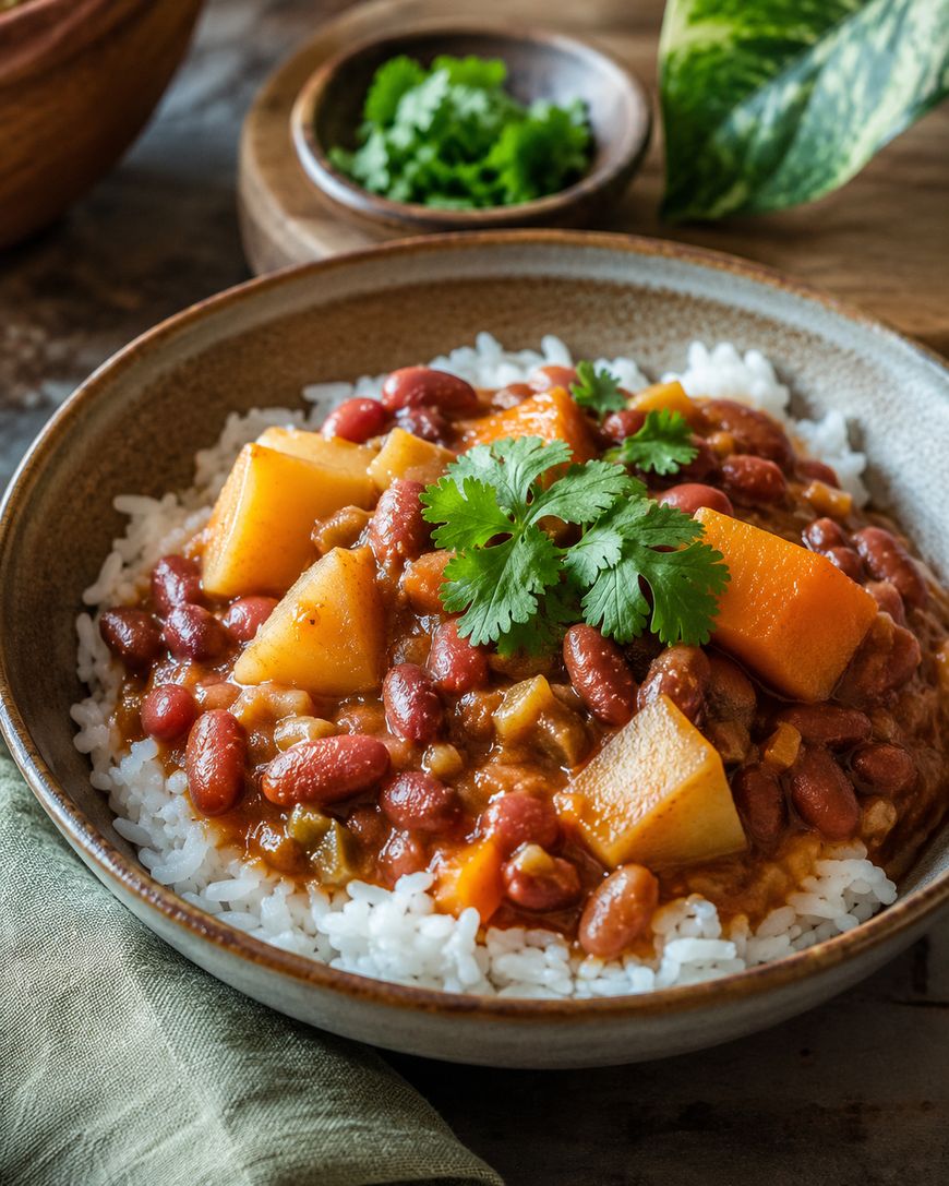 A bowl of white rice topped with a stew of red beans, potatoes, carrots, and garnished with fresh cilantro. A small bowl of chopped herbs and green leafy plant are in the background.